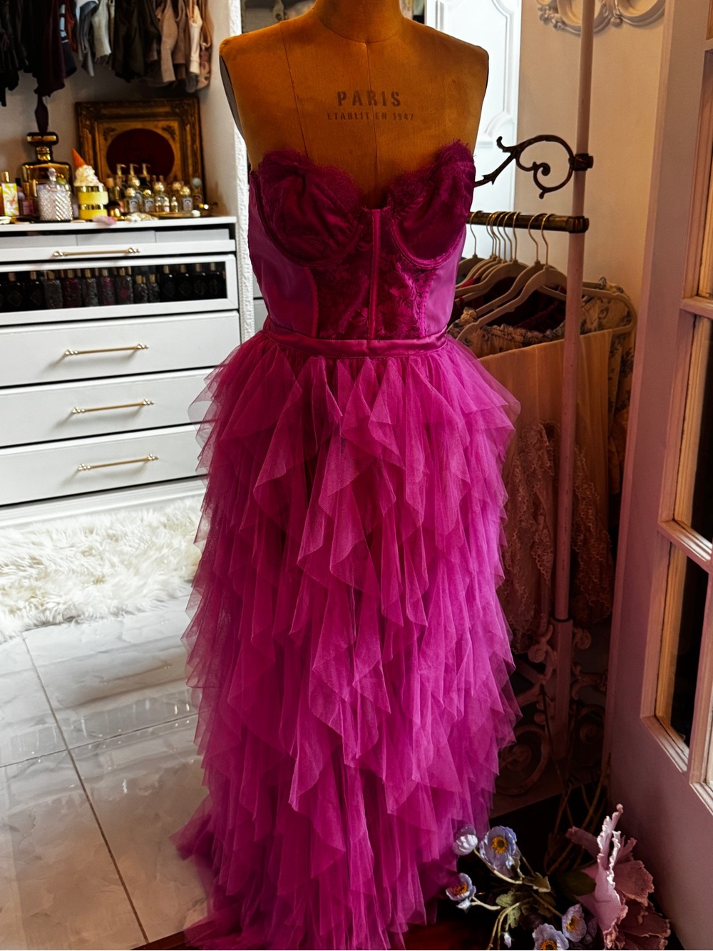 For Love And Lemons Fuchsia Strapless Ruffled Tulle Gown